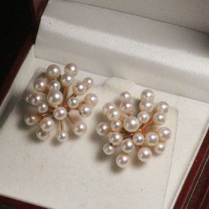 Vintage 14K Gold 1950s Mid Century Retro Burst Cluster 12 Akoya Pearls Earrings